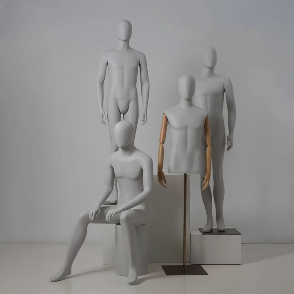 Gray standing seated half-length adjustable male mannequin visual merchandising female and male clothes mannequin for sale in storefront window display Wholesale Bulk Factory Richenmannequin Gray standing seated half-length adjustable male mannequin visual merchandising female and male clothes mannequin for sale in storefront window display Wholesale Bulk Factory Richenmannequin