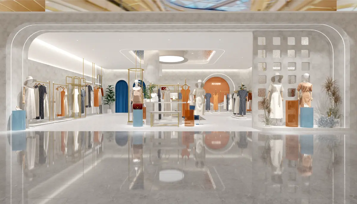 Variety of clothing store fixtures including four-way racks and wall systems