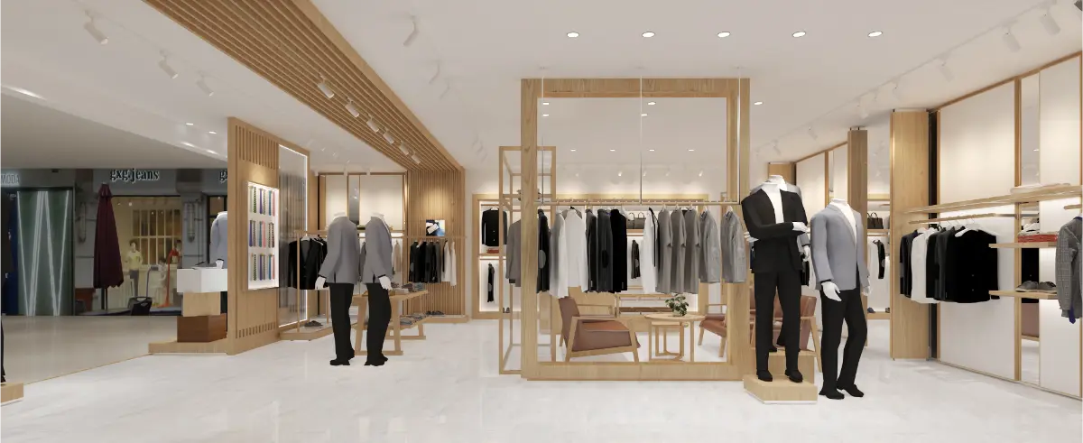 Modern clothing store interior with modular black metal garment racks