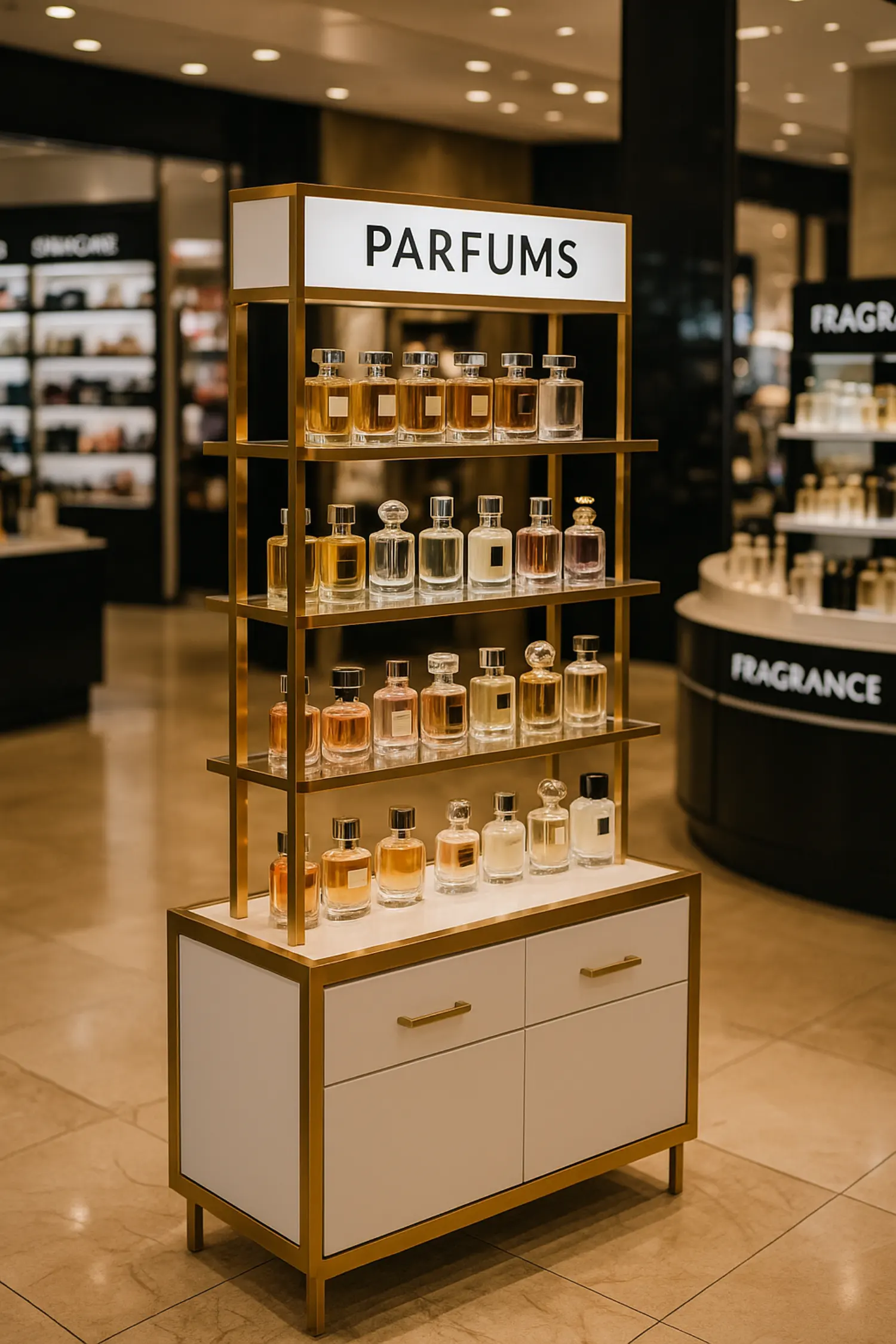 Premium perfume display stand with illuminated shelving