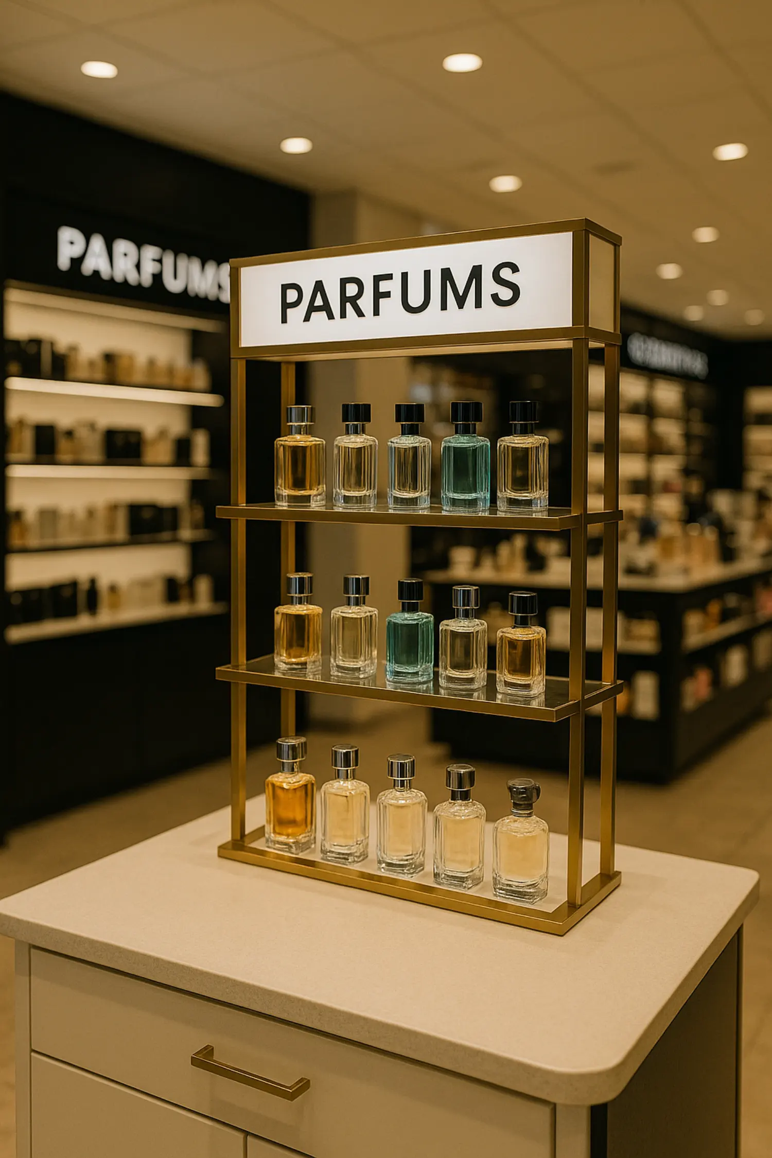 Perfume store fixtures with illuminated coves and branded fascia