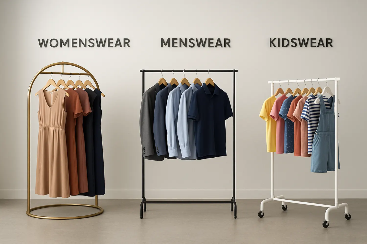 Commercial retail clothing racks for mixed apparel categories