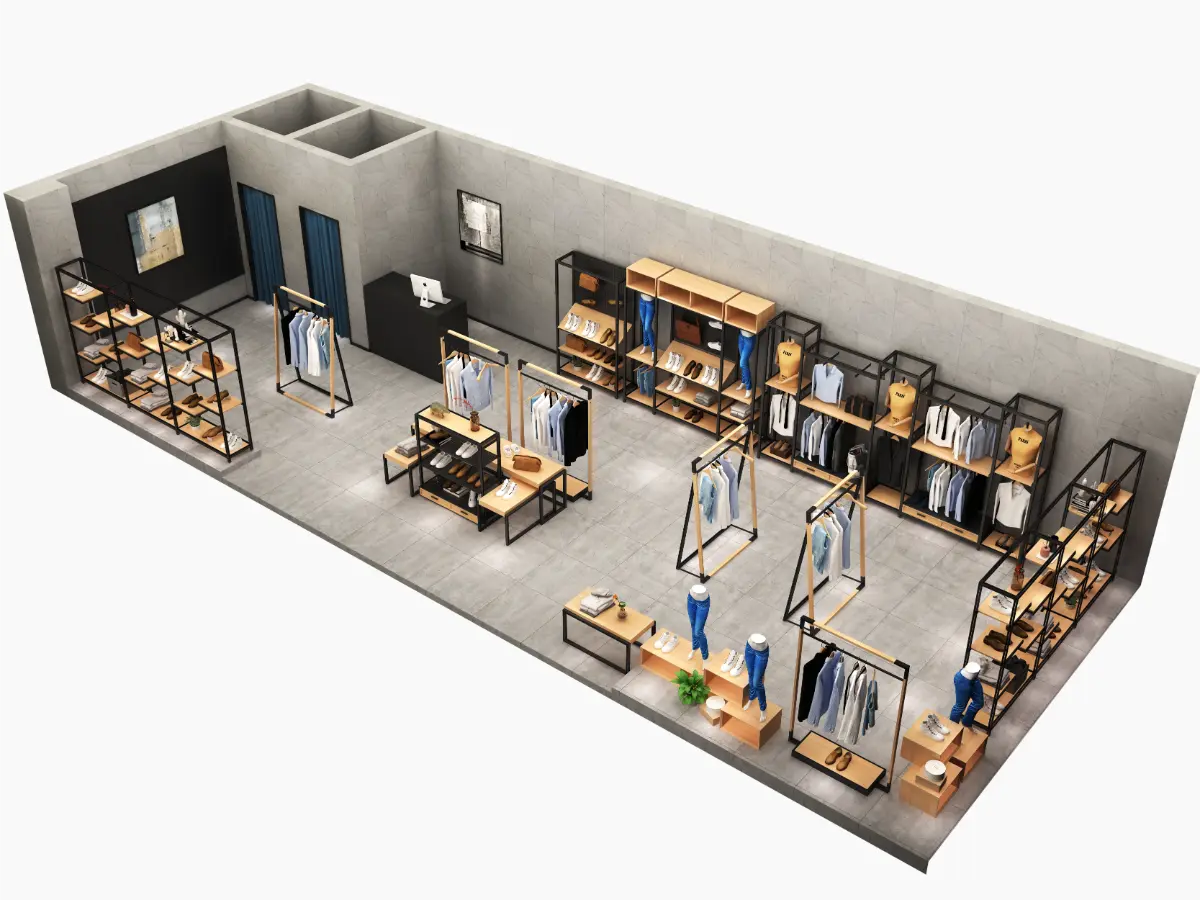 Retail layout plan with cohesive rack families and visual pathways