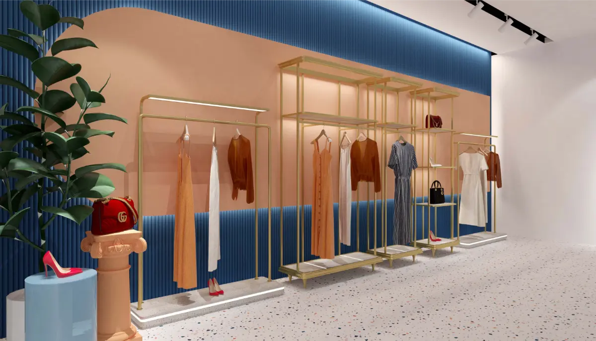 Close-up of brass and wood finishes on retail clothing racks