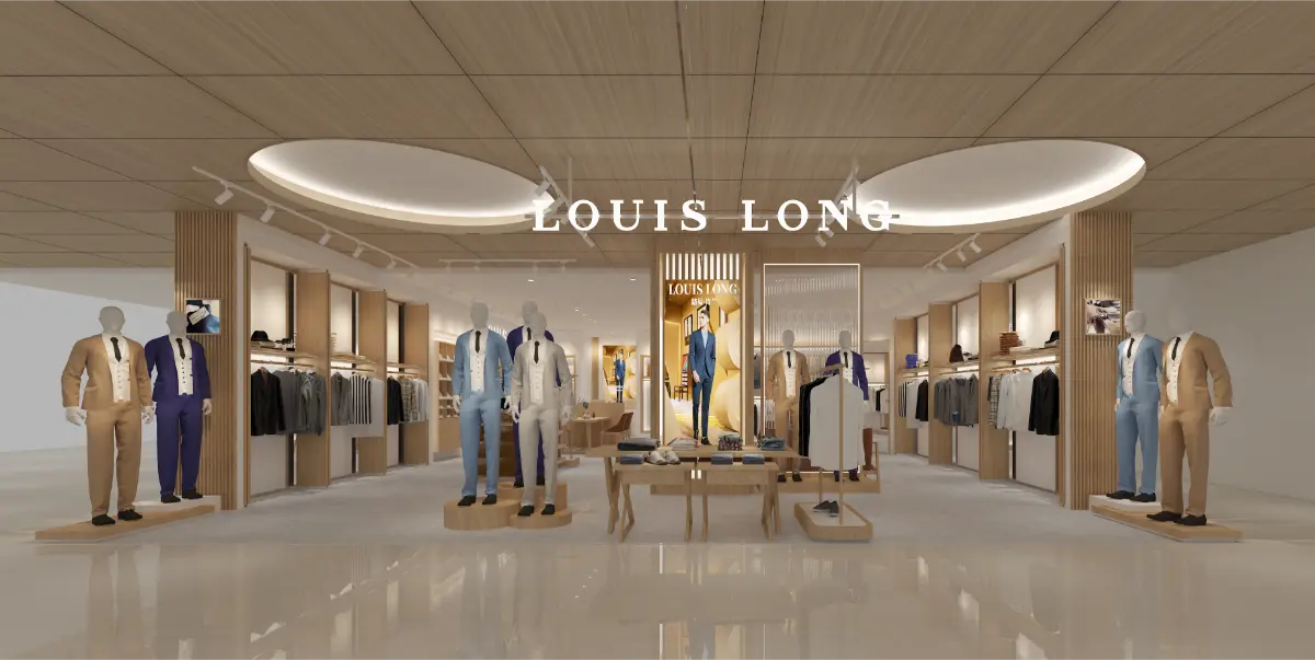 Refined men’s suit store with consistent rail heights and ergonomic spacing