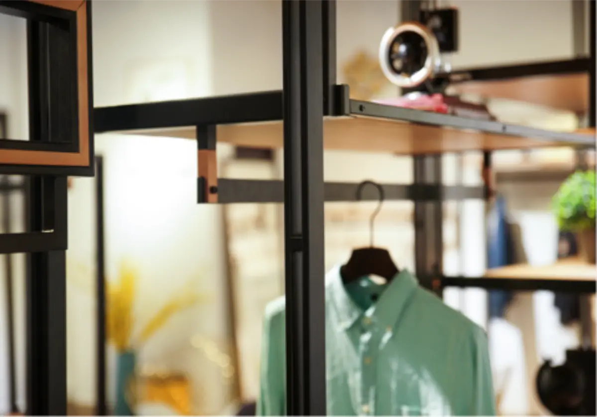 Detail of faceout arm and shelf brackets in a flexible display system