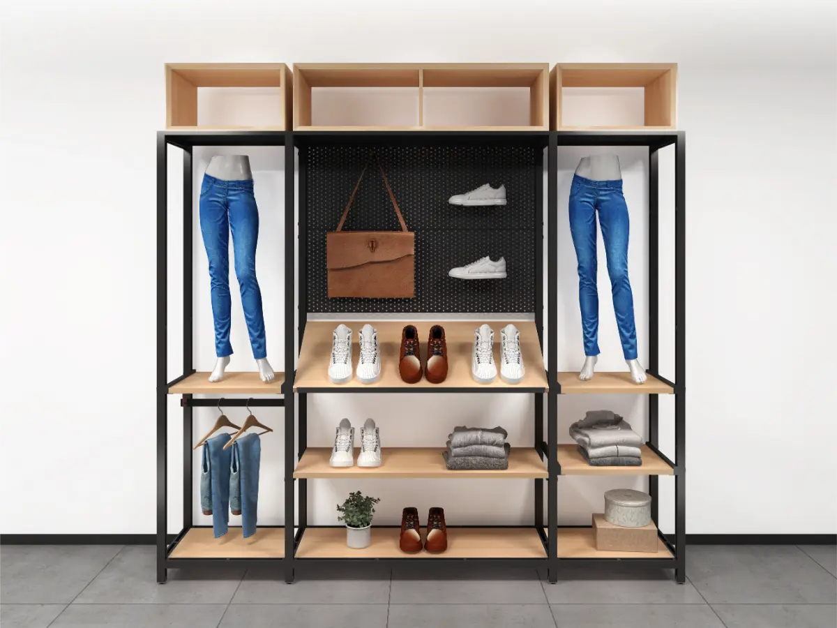 Flexible display system with shelves and hanging arms