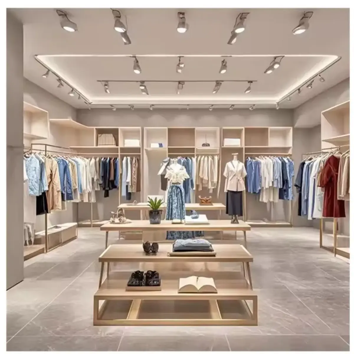 Hybrid store combining boutique racks and modular wall fixtures